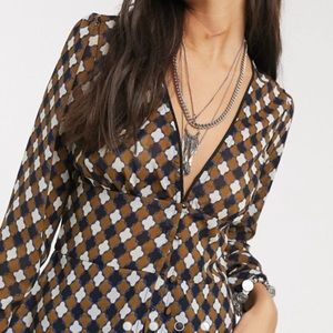 Long sleeve button through blouse in geo check